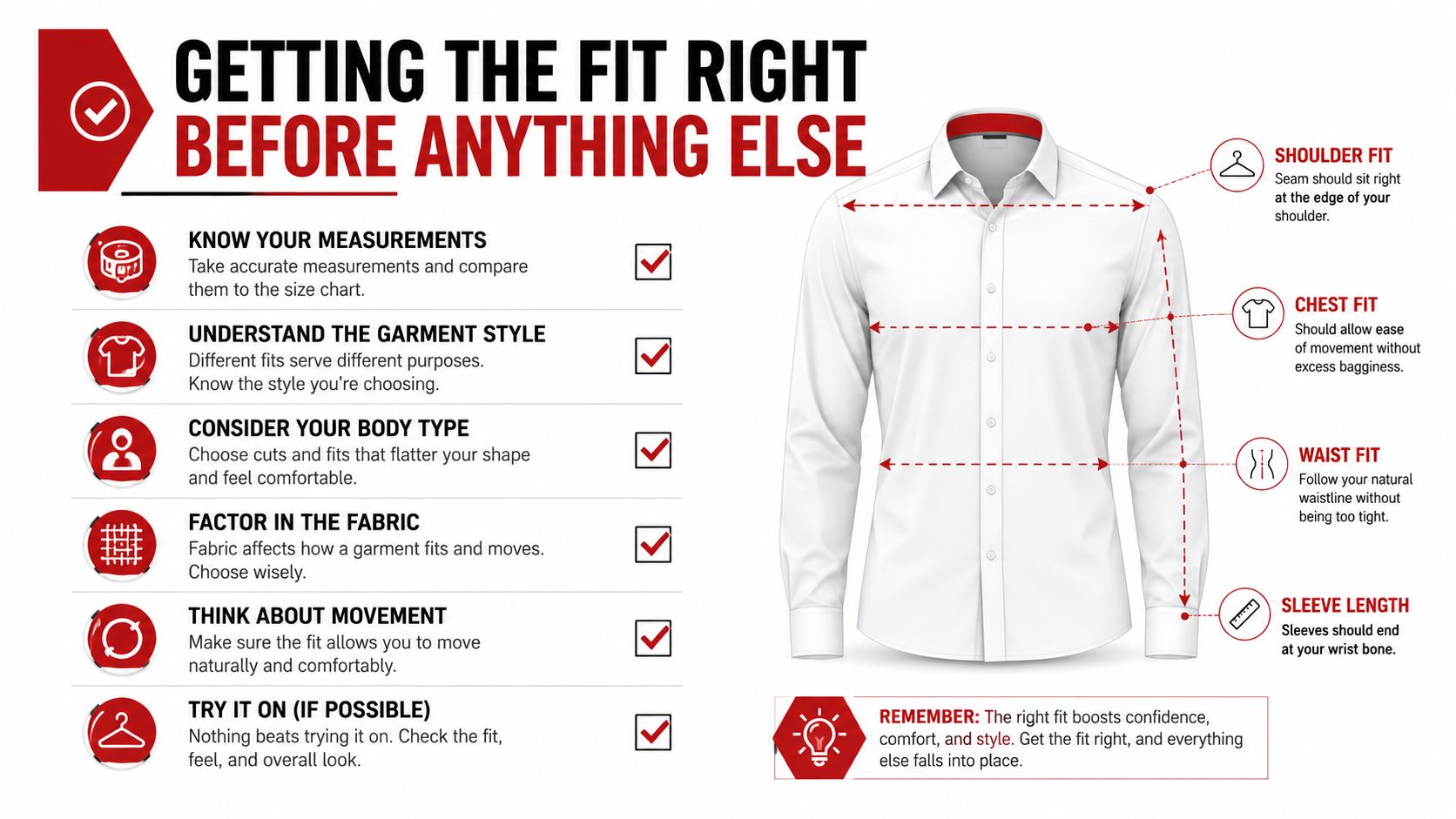 A visual guide explaining how to achieve the perfect fit when wearing a dress shirt, including measurement tips.