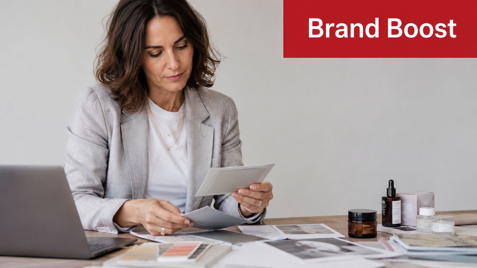 A professional woman working at a wooden desk with a laptop, design samples, and skincare products.