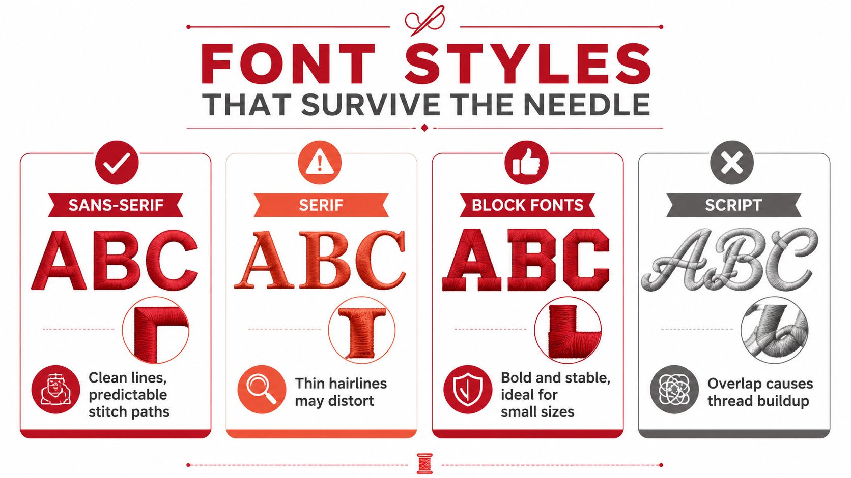 A guide showing different font styles for machine embroidery, highlighting which types are best for stitching.