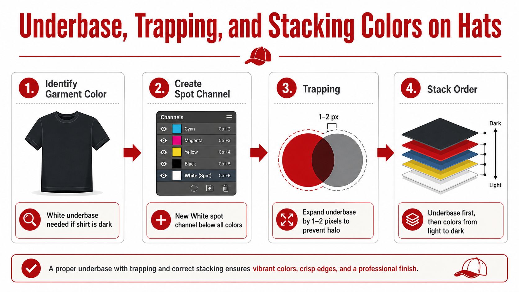 A four-step infographic showing the screen printing process for apparel, detailing underbasing, trapping, and stacking color layers.