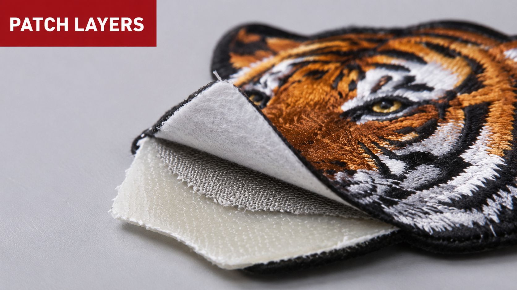 A close-up view showing the multiple layers of a custom embroidered tiger iron-on patch design.