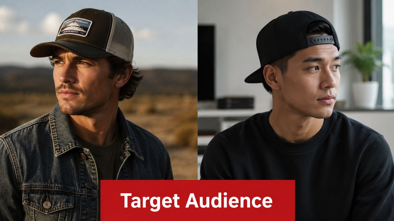 A side-by-side comparison featuring a man wearing an outdoor trucker hat and a man wearing a snapback.