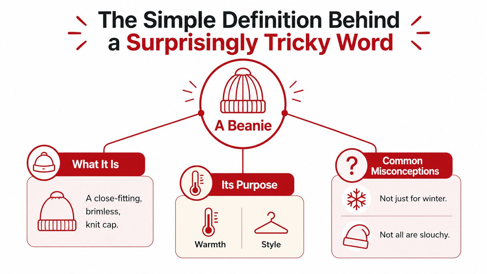 An infographic titled The Simple Definition Behind a Surprisingly Tricky Word explains what a beanie hat is.