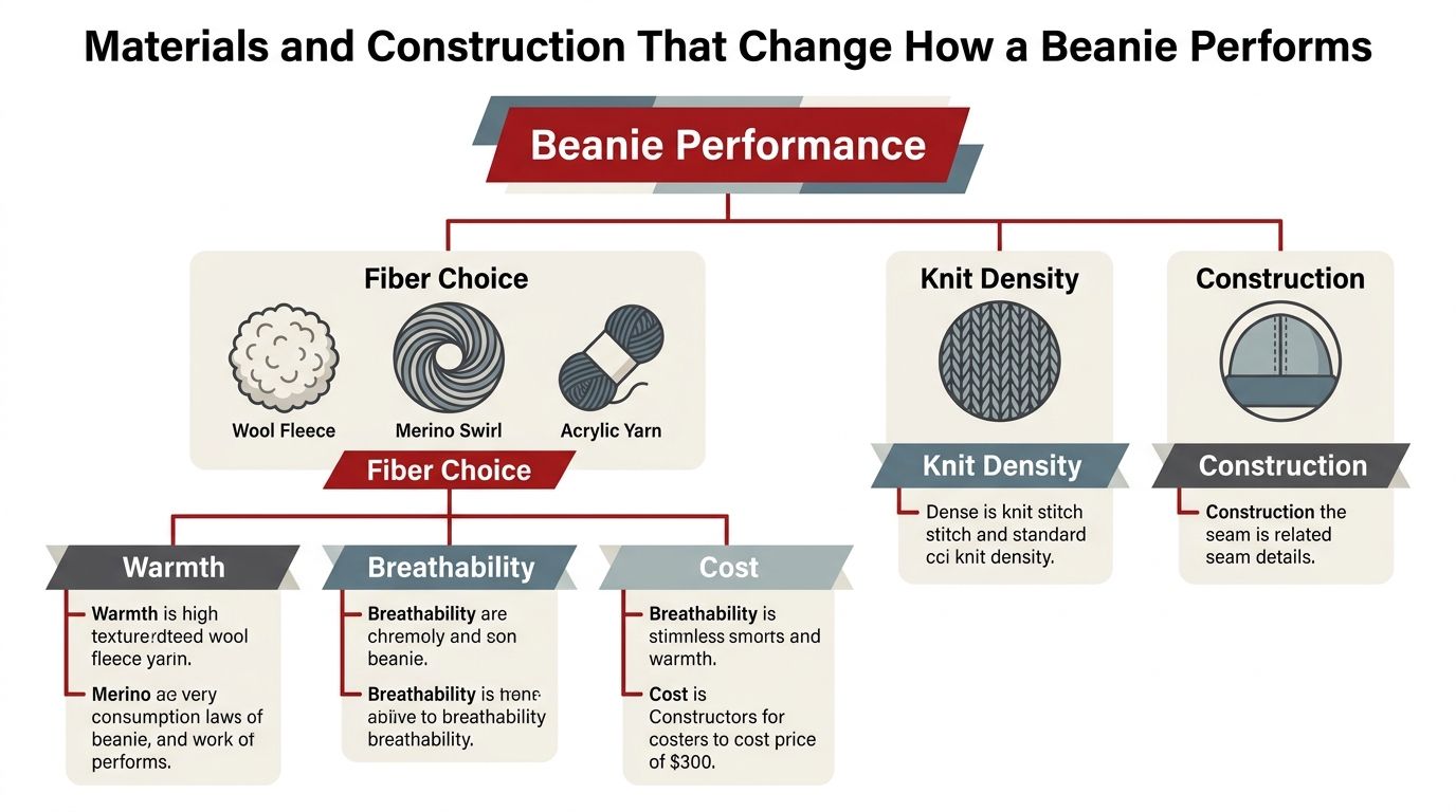 A diagram outlining the various materials, knit density, and construction factors that impact beanie performance and quality.
