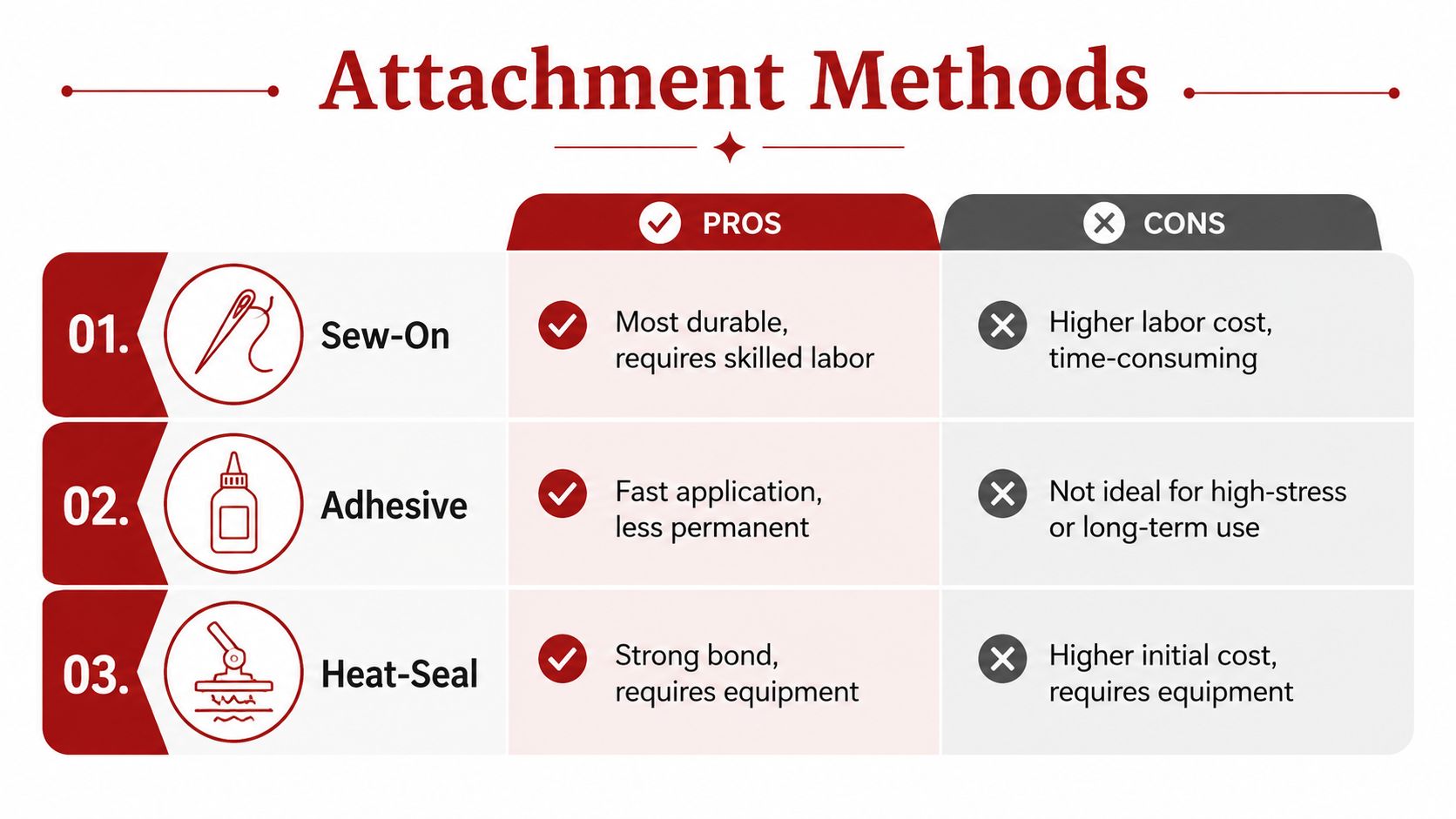 A comparison chart outlining the pros and cons of sew-on, adhesive, and heat-seal attachment methods for patches.