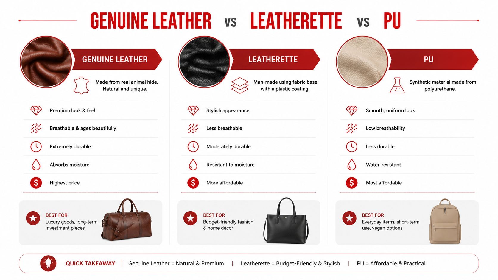 A comparison chart showing the differences between genuine leather, leatherette, and PU materials for fashion accessories.