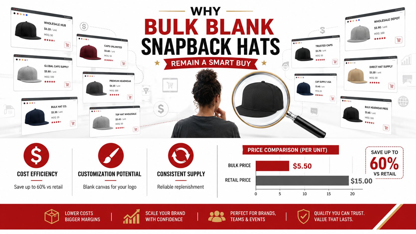 A professional infographic titled Why Bulk Blank Snapback Hats Remain a Smart Buy showing price comparisons.