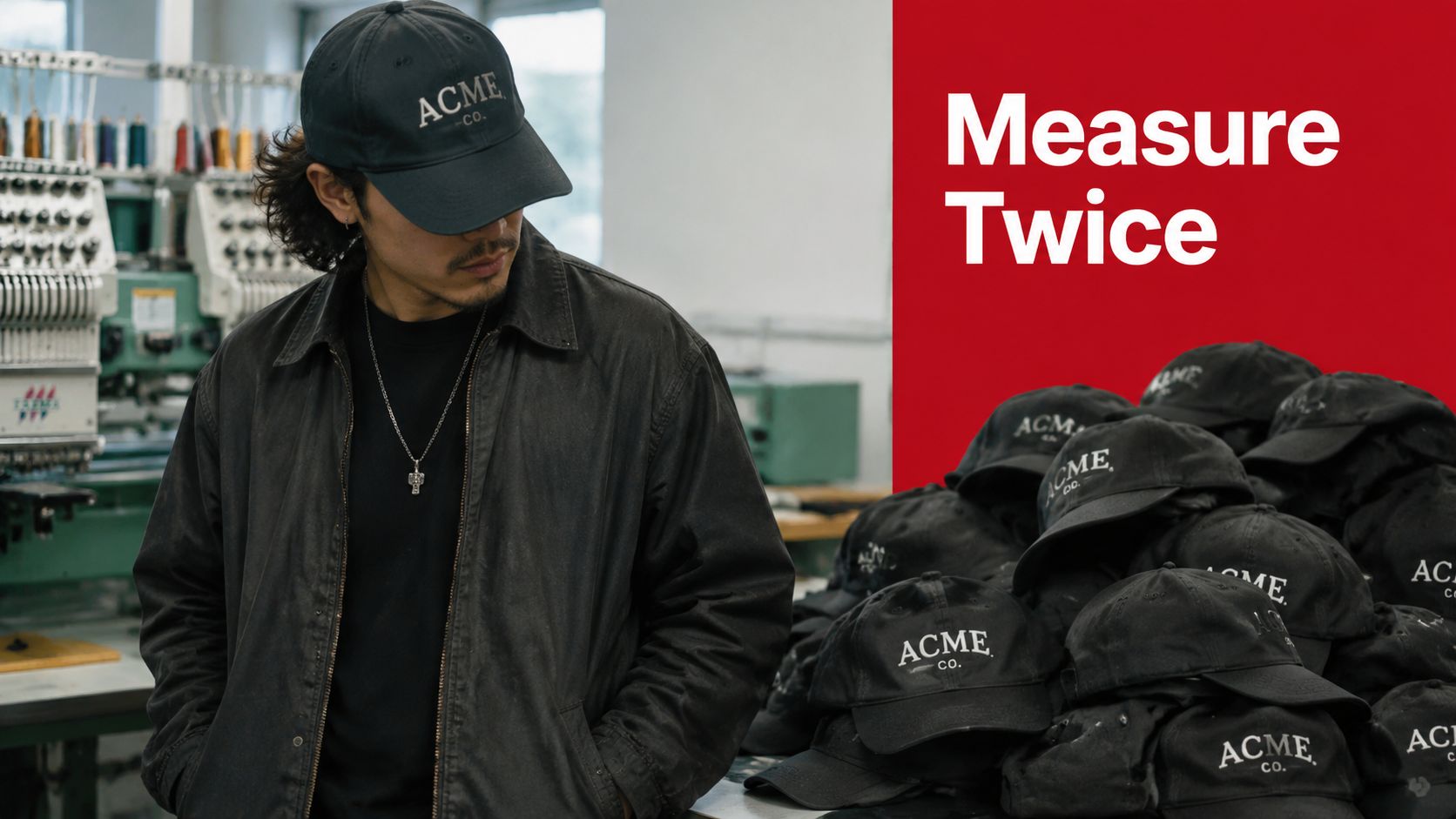 A person wearing an Acme Co. cap standing next to a pile of embroidered hats in a workshop.