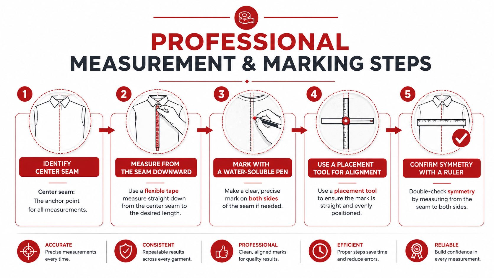 An infographic illustrating five professional steps for measuring and marking fabric placement on a garment.