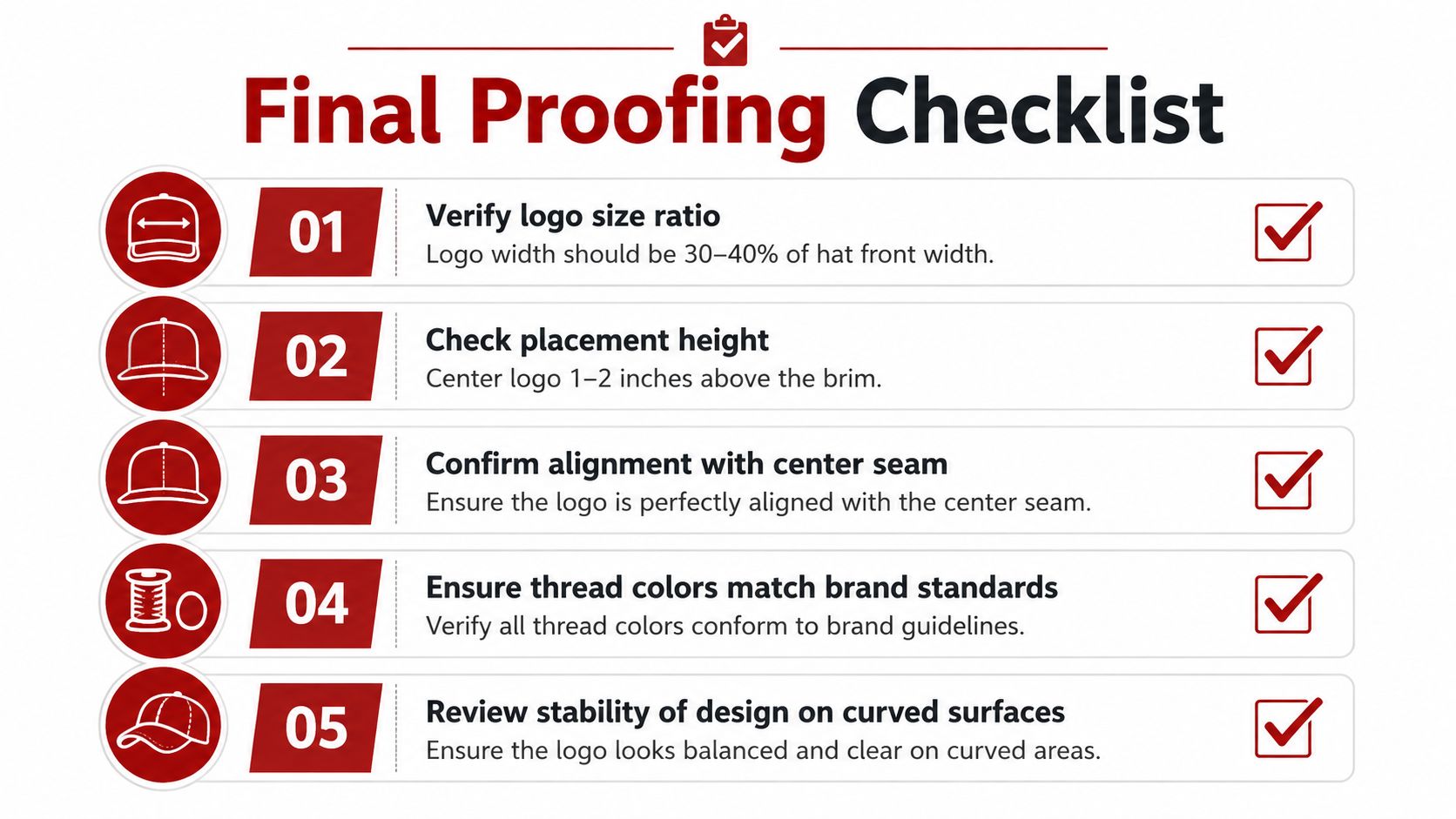 A structured checklist for final embroidery proofing on hats, outlining five essential design and placement verification steps.