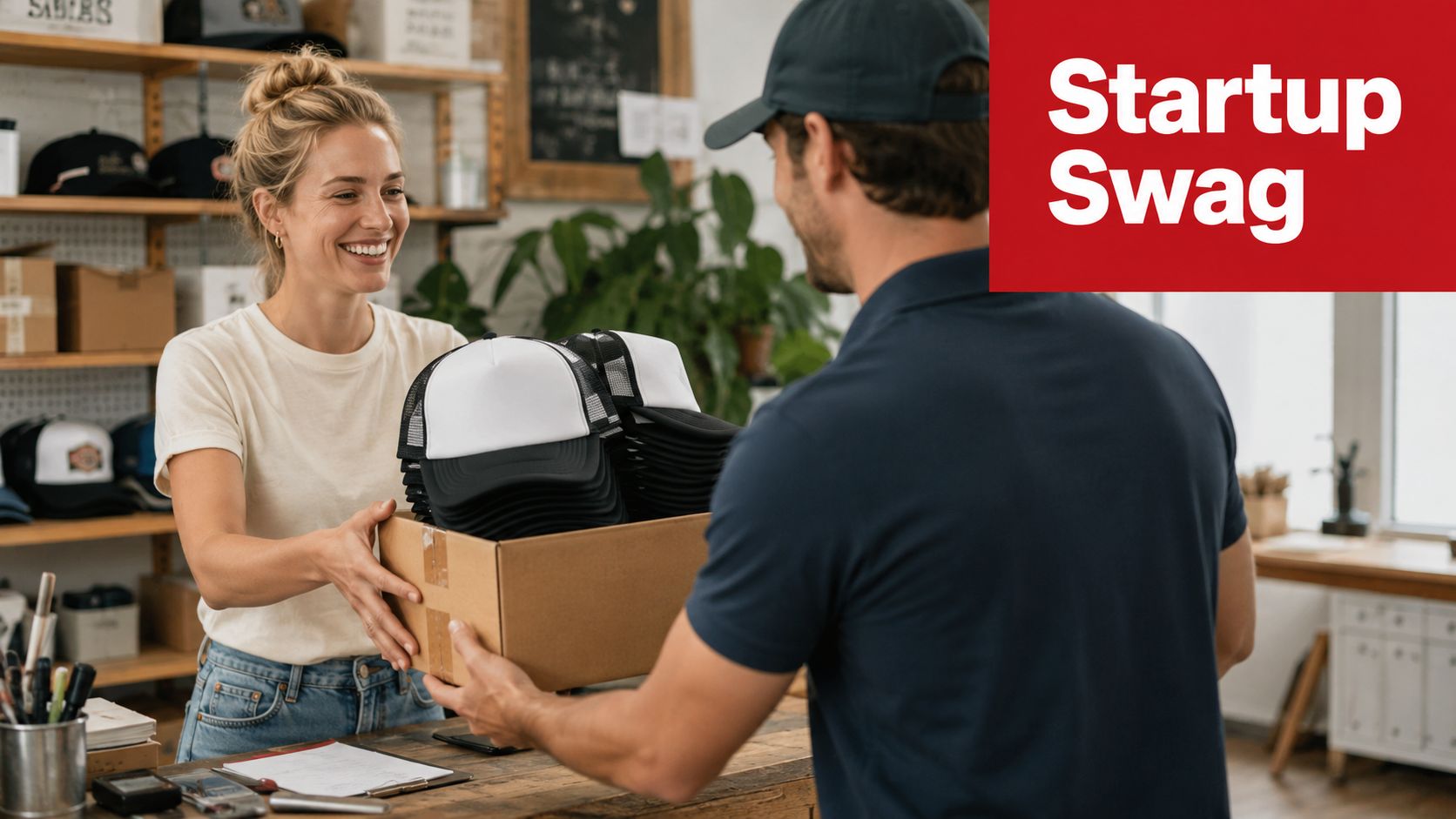A friendly business owner handing a box full of foam trucker hats to a delivery person.