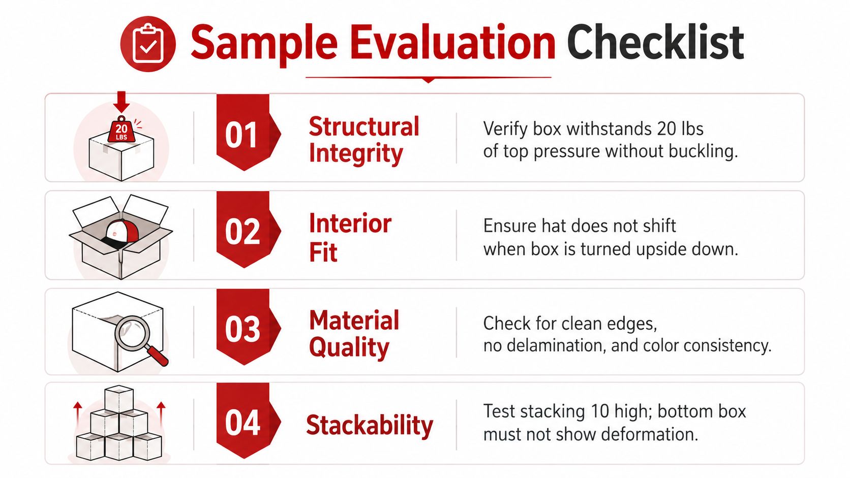 A sample evaluation checklist for hat boxes, detailing structural integrity, interior fit, material quality, and stackability requirements.