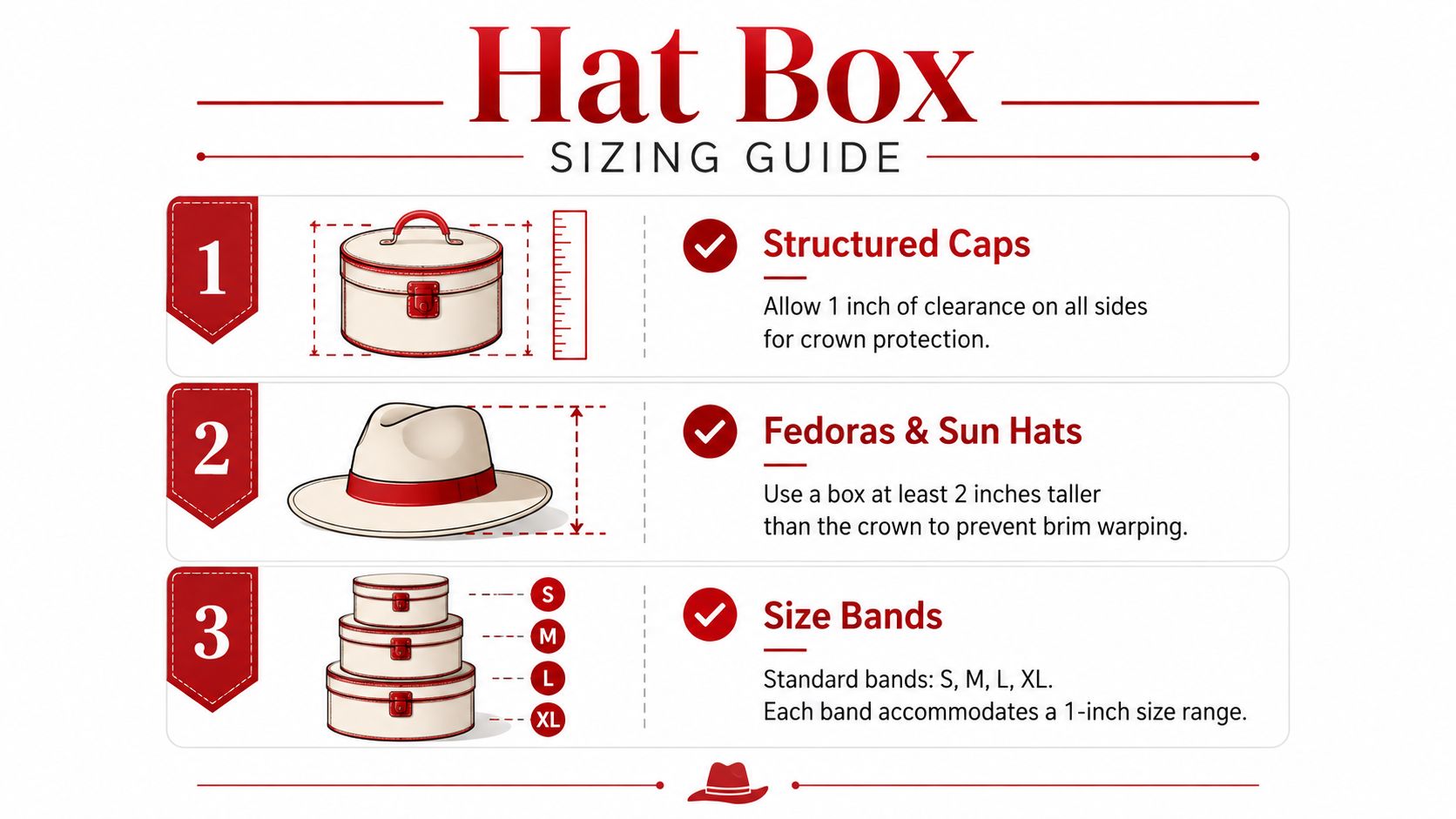 A visual guide for selecting the correct hat box size for structured caps, fedoras, and sun hats.