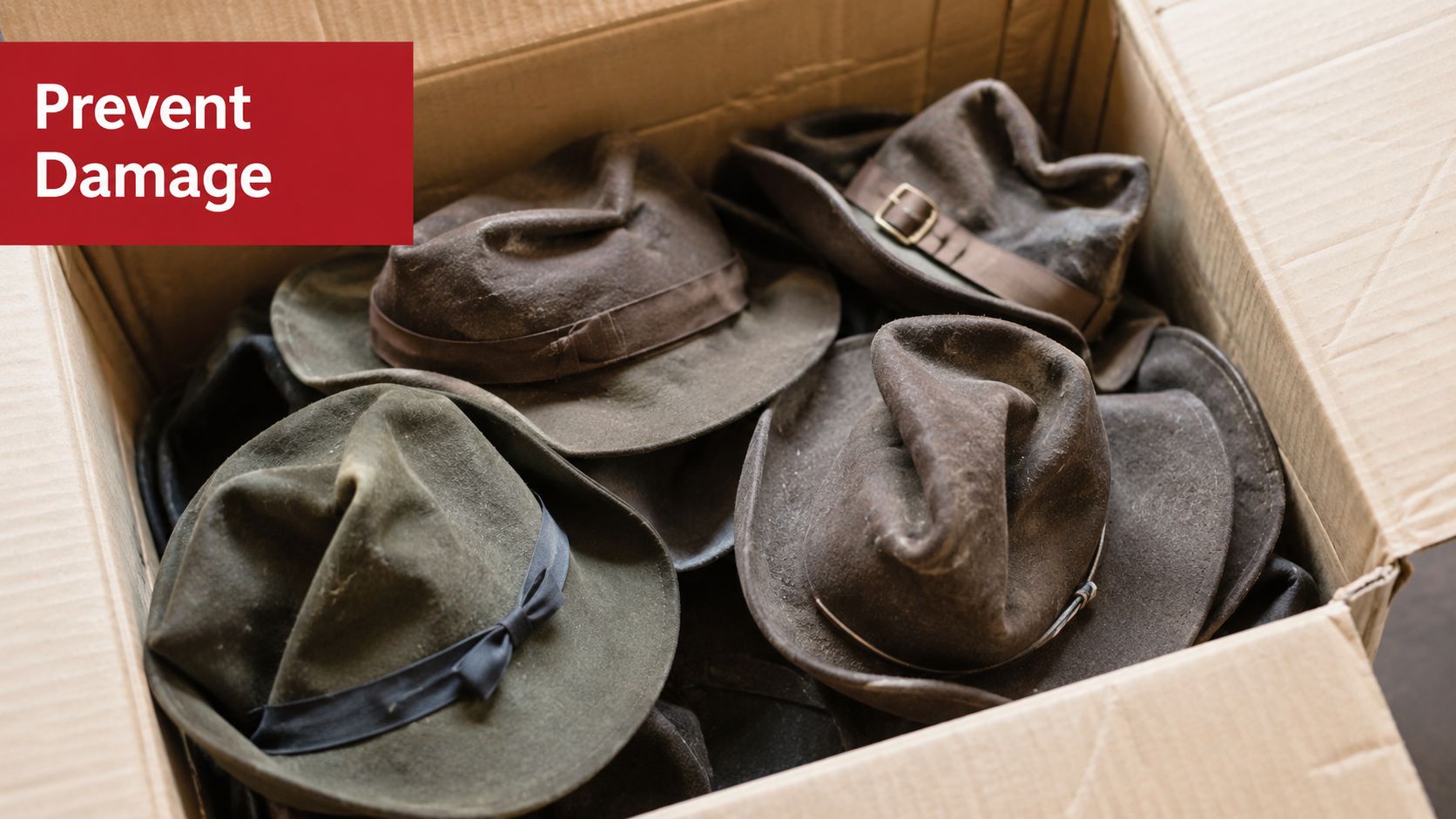 A close-up view of multiple worn vintage fedora hats stacked inside a cardboard storage box.