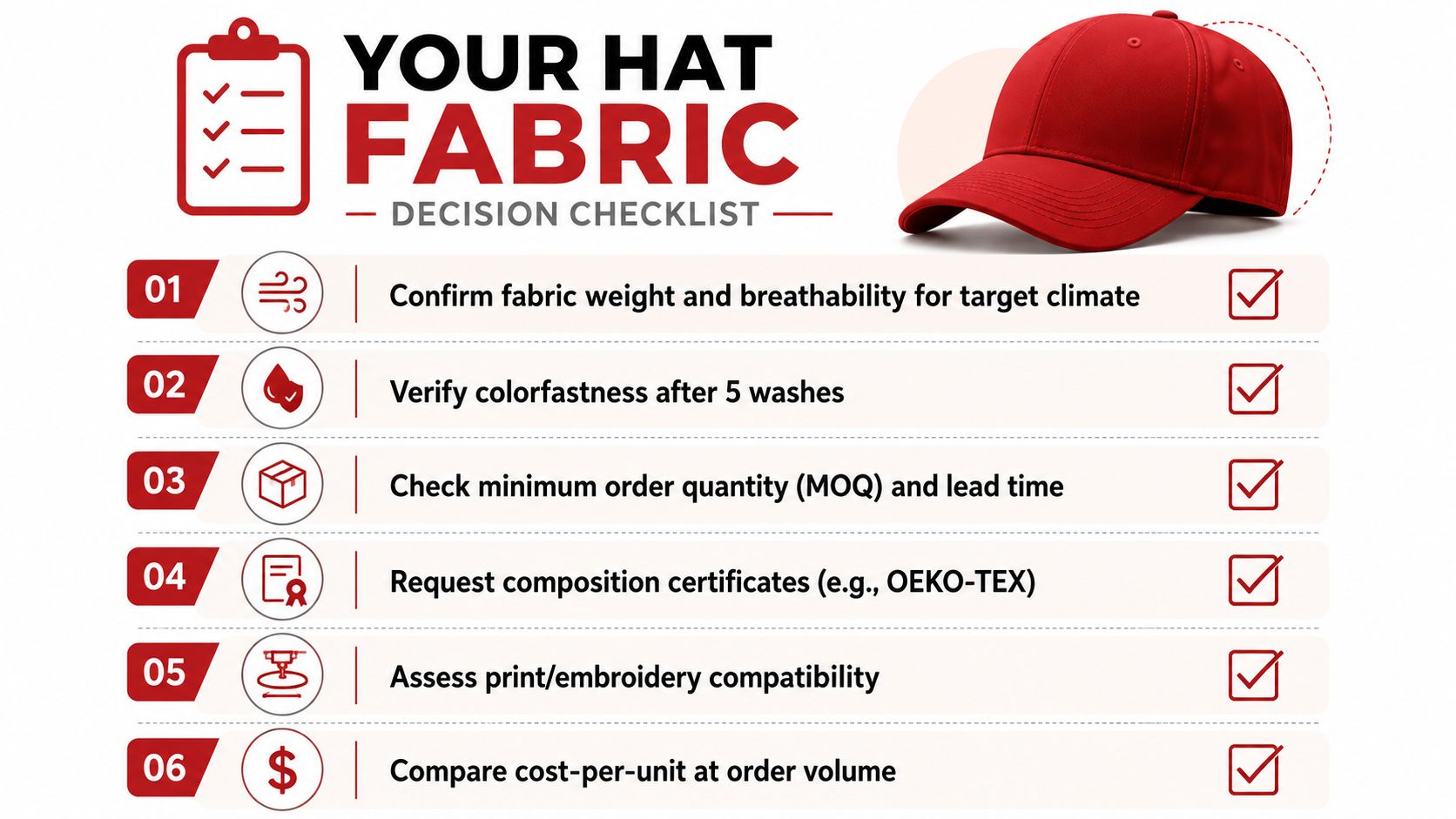 A checklist graphic titled Your Hat Fabric Decision Checklist with six steps for selecting hat materials.