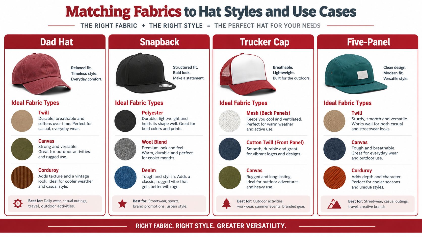 A helpful infographic comparing four popular hat styles, their recommended fabrics, and best use cases.