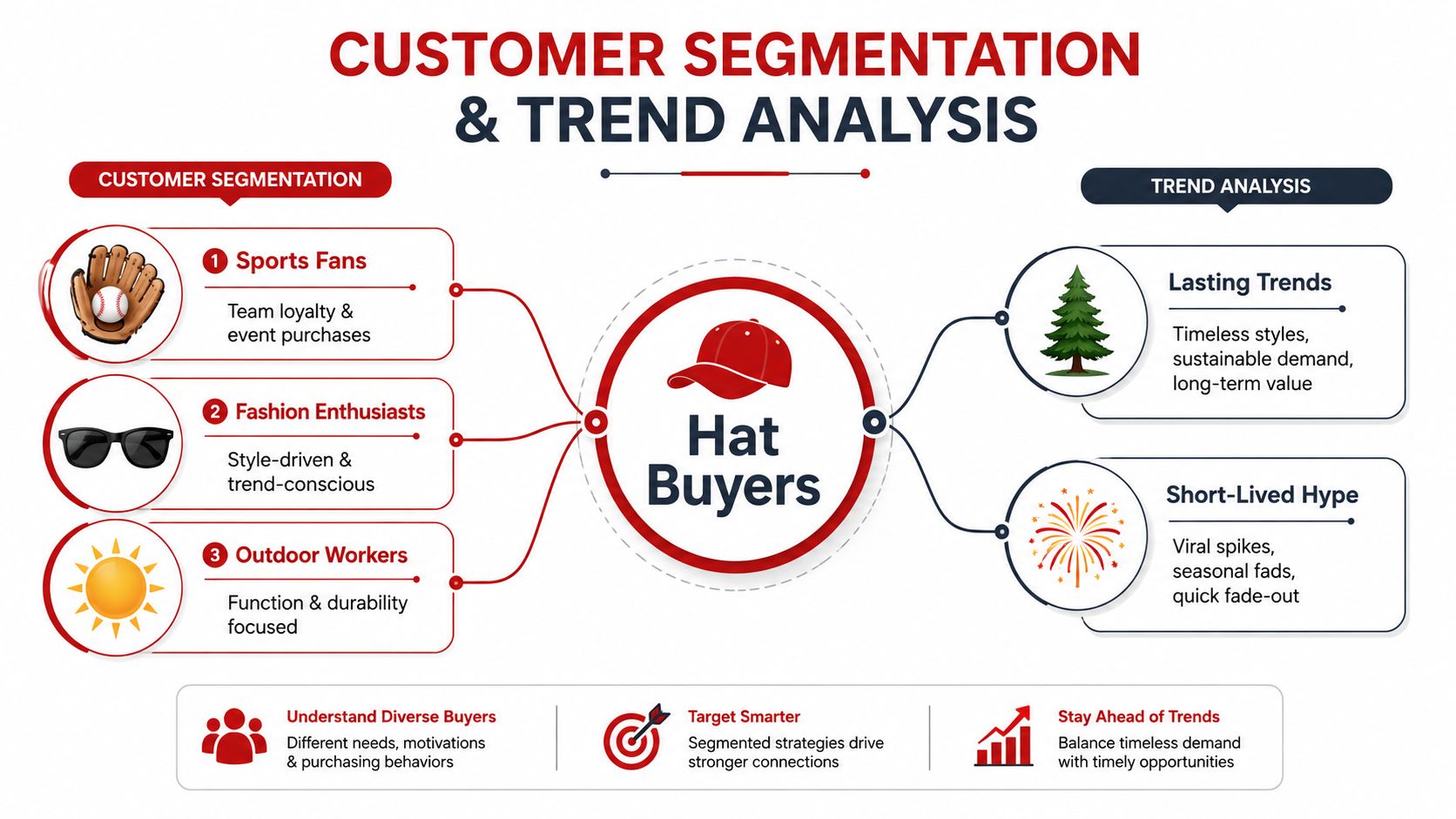 An infographic titled Customer Segmentation and Trend Analysis explaining how businesses target hat buyers through buyer demographics.