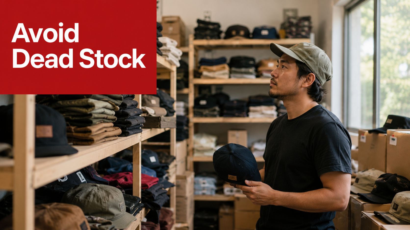 A man in a warehouse examining a hat while surrounded by shelves full of inventory.