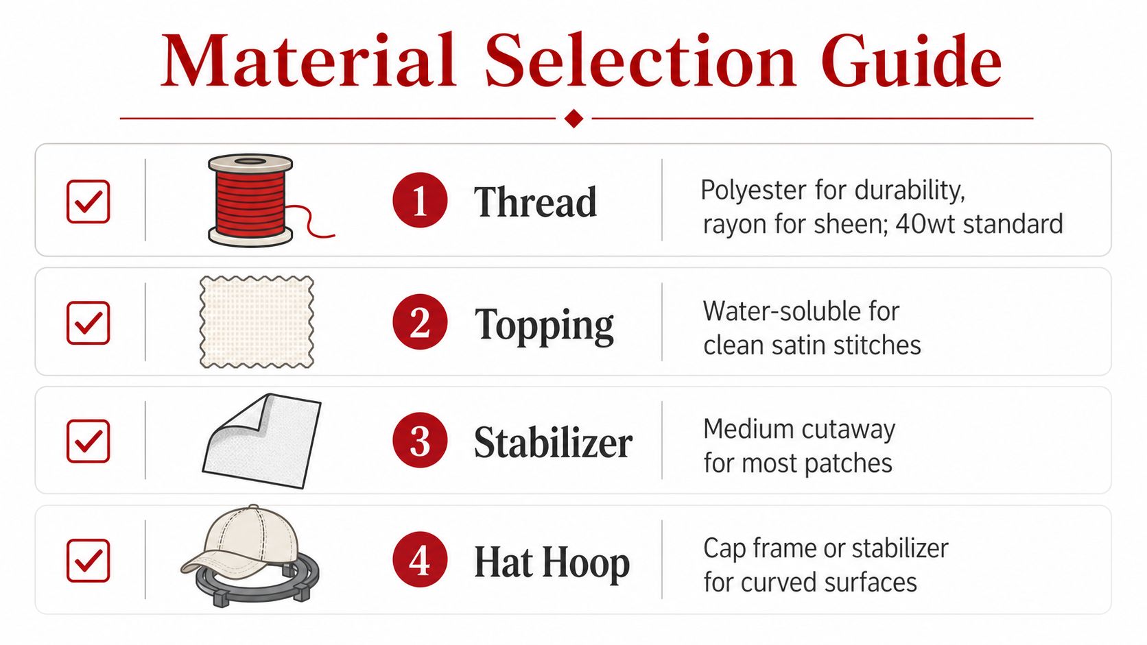 A material selection guide for embroidery featuring four essential items including thread, topping, stabilizer, and hat hoops.