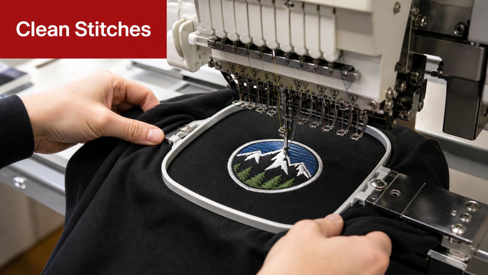 A close-up view of an industrial embroidery machine stitching a circular patch of mountains and pine trees onto a black fabric.