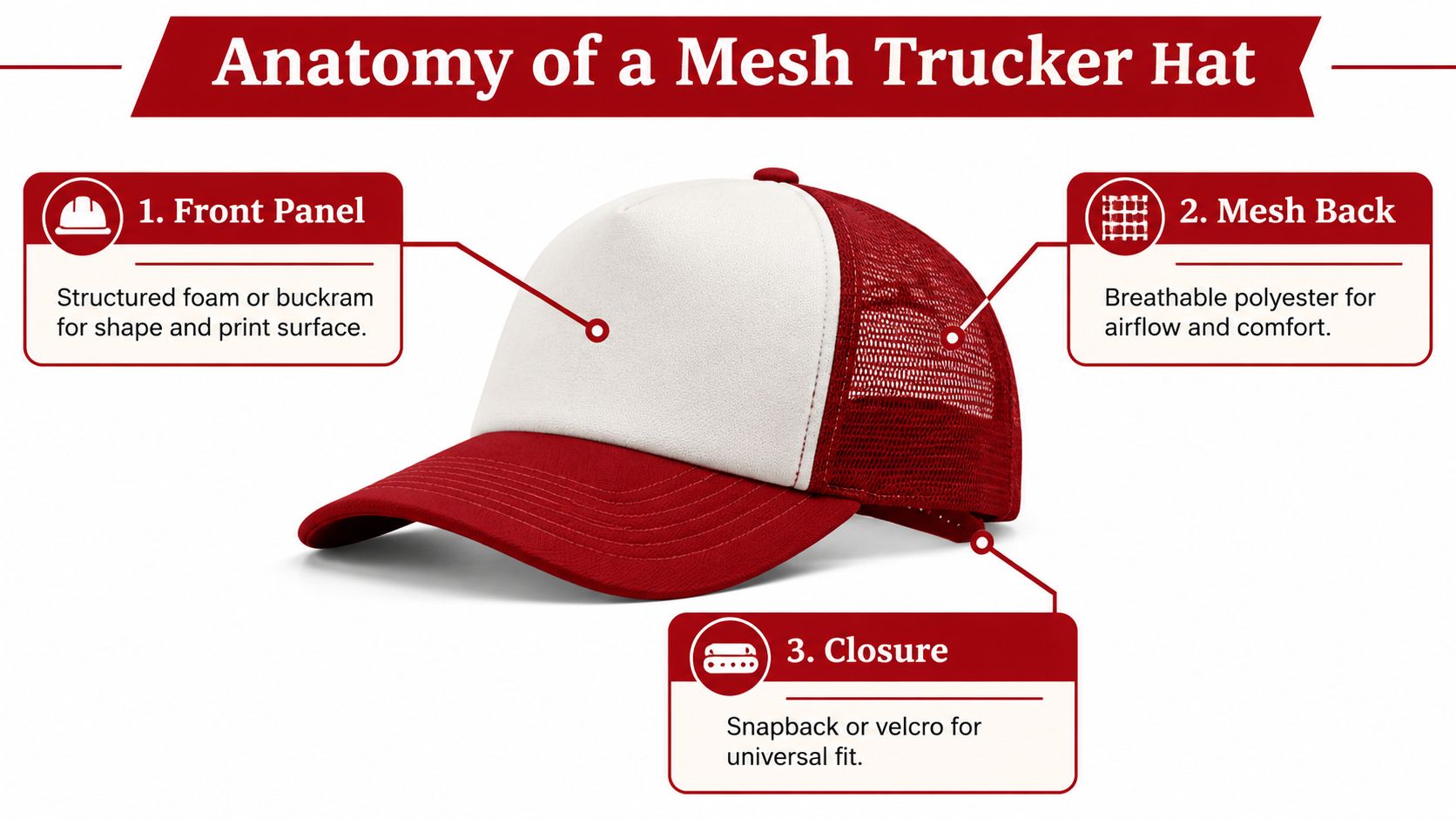 A diagram illustrating the anatomy of a mesh trucker hat with labeled front panel, mesh back, and closure.