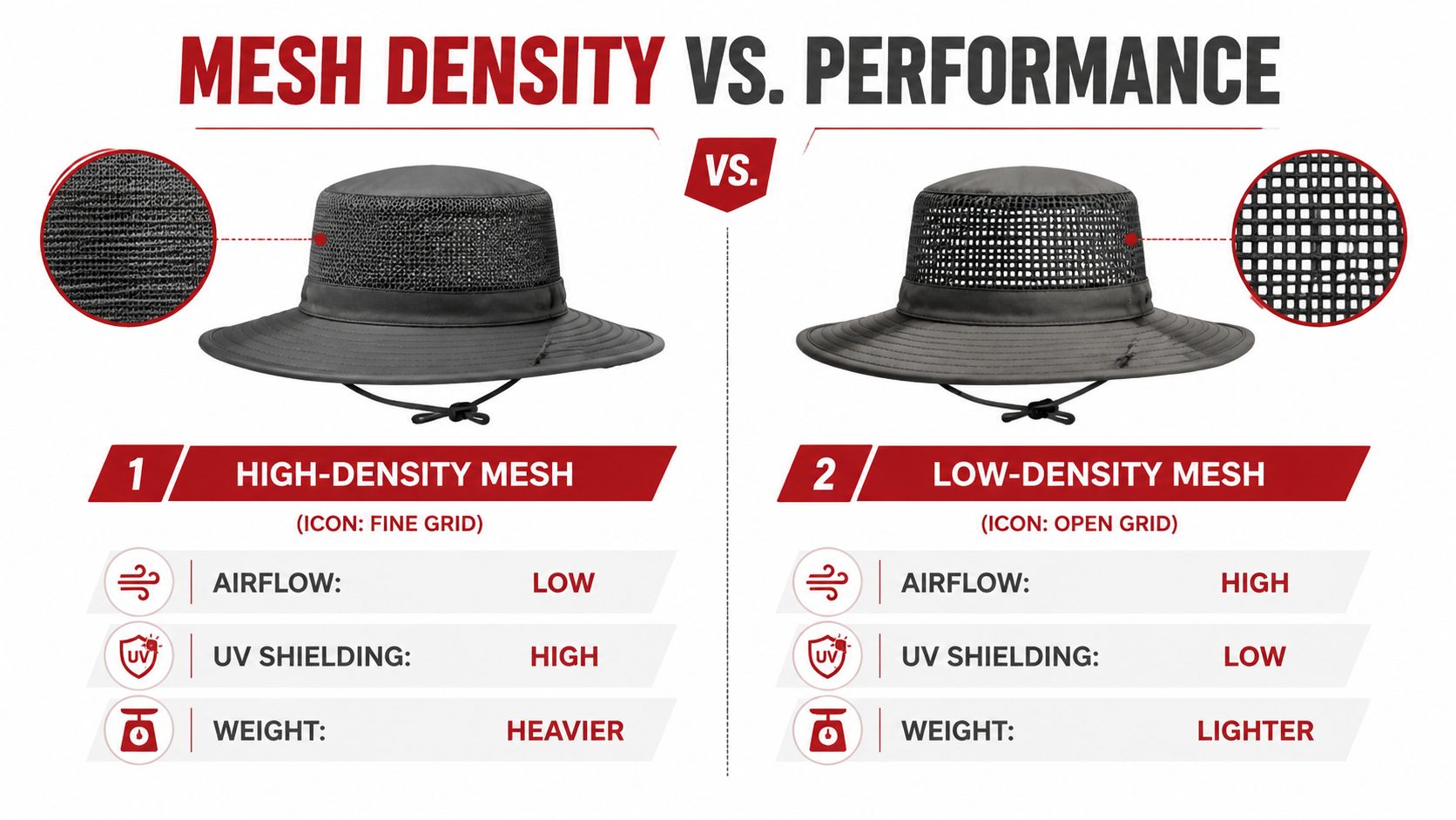 A comparison chart showing the performance differences between high-density and low-density mesh on sun hats.