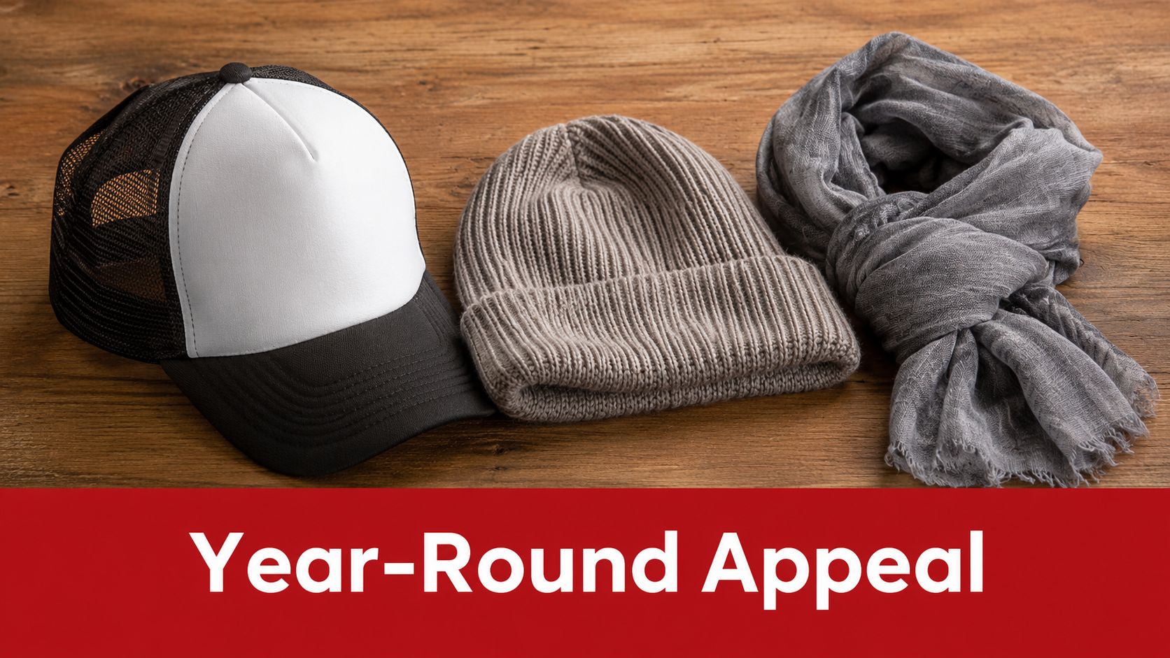 A mesh trucker hat, a knit beanie, and a grey scarf arranged on a wooden surface.