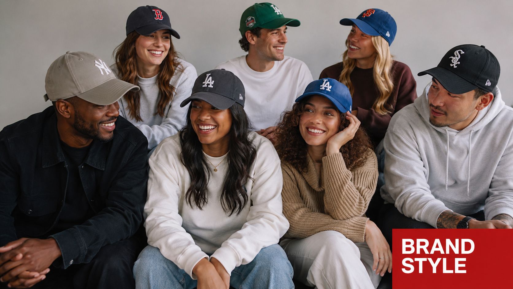 A diverse group of smiling people sitting together wearing various branded New Era 9Twenty baseball caps.