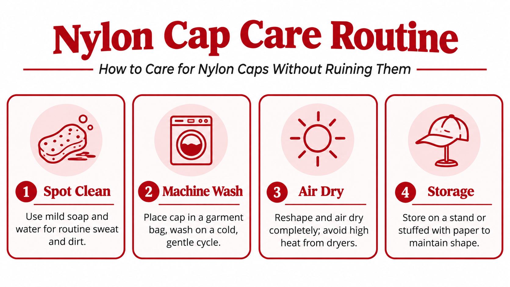 A four-step infographic showing how to properly care for and maintain nylon baseball caps at home.