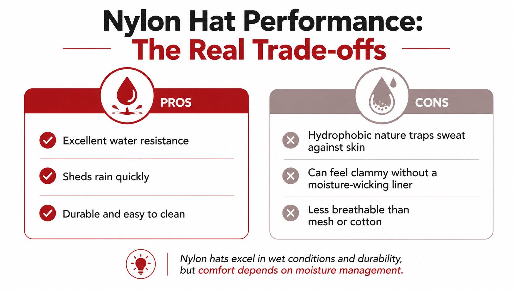 An infographic titled Nylon Hat Performance illustrating the pros and cons of using nylon material for hats.