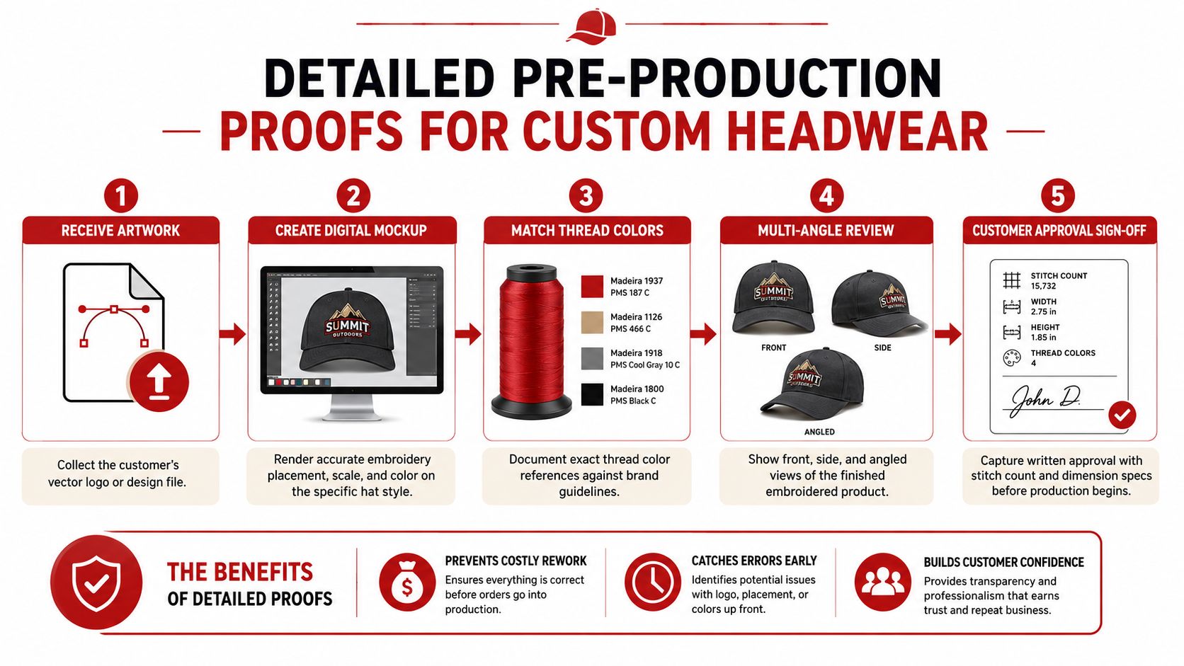 An infographic detailing the five-step pre-production proofing process for custom embroidered headwear and its key benefits.