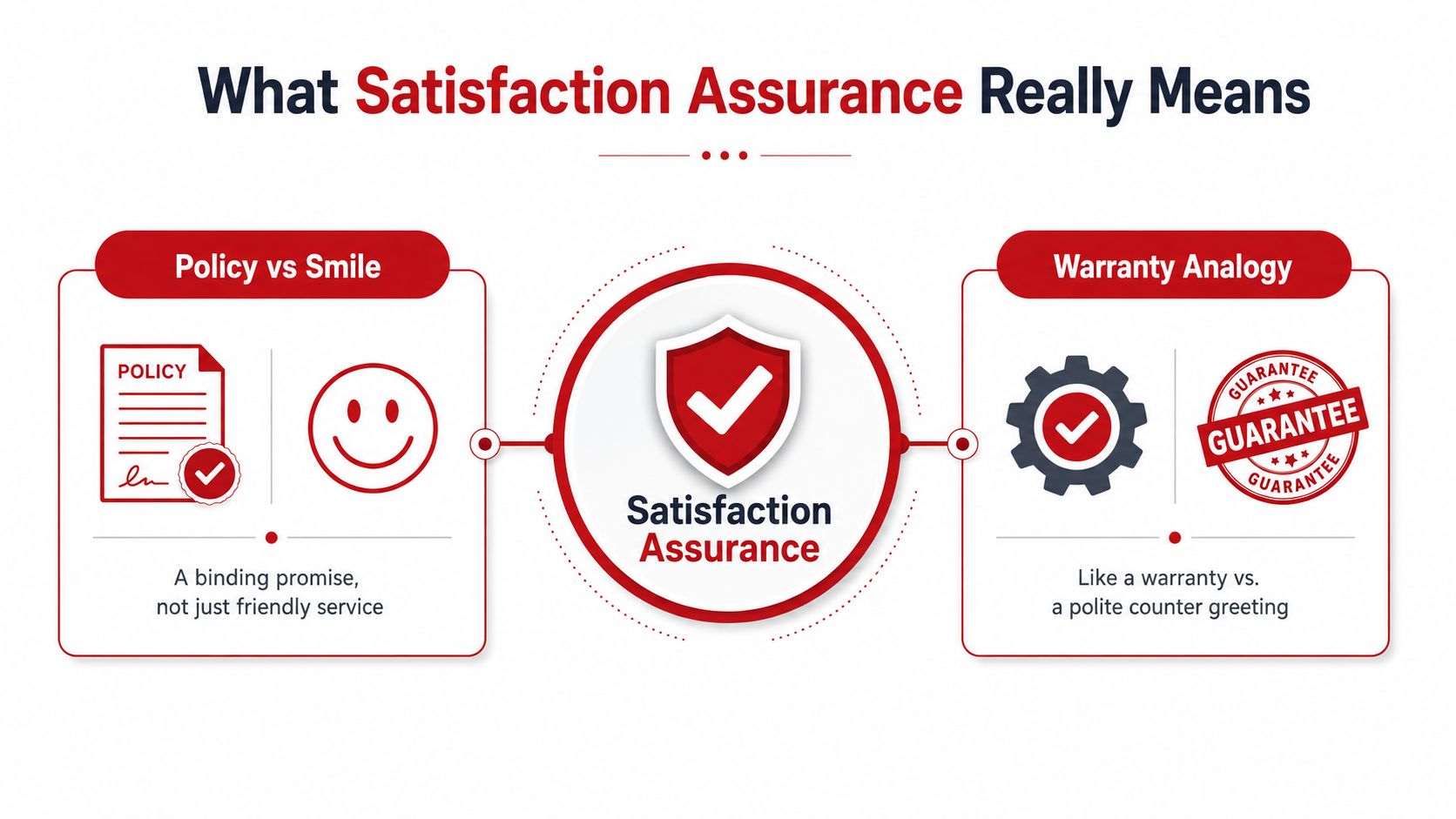 An infographic explaining the concept of satisfaction assurance by comparing policy versus friendly service and warranties.