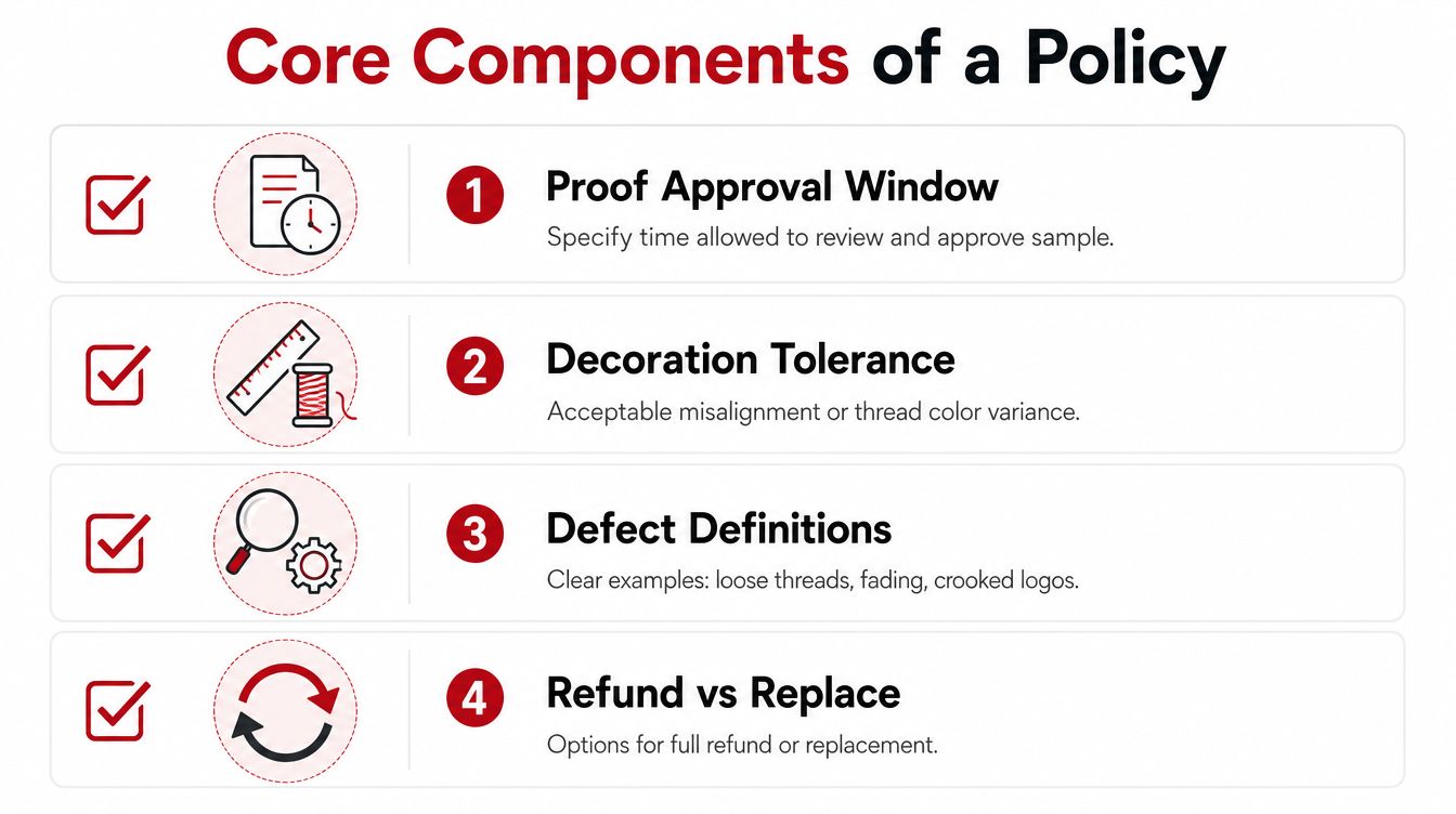 An infographic titled Core Components of a Policy listing four essential business policy elements with icons.