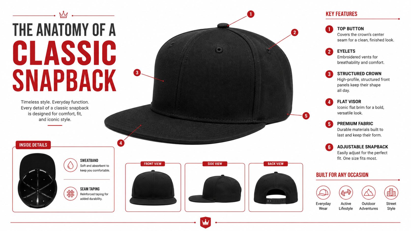 An infographic detailing the structural features and components of a classic black snapback baseball cap.