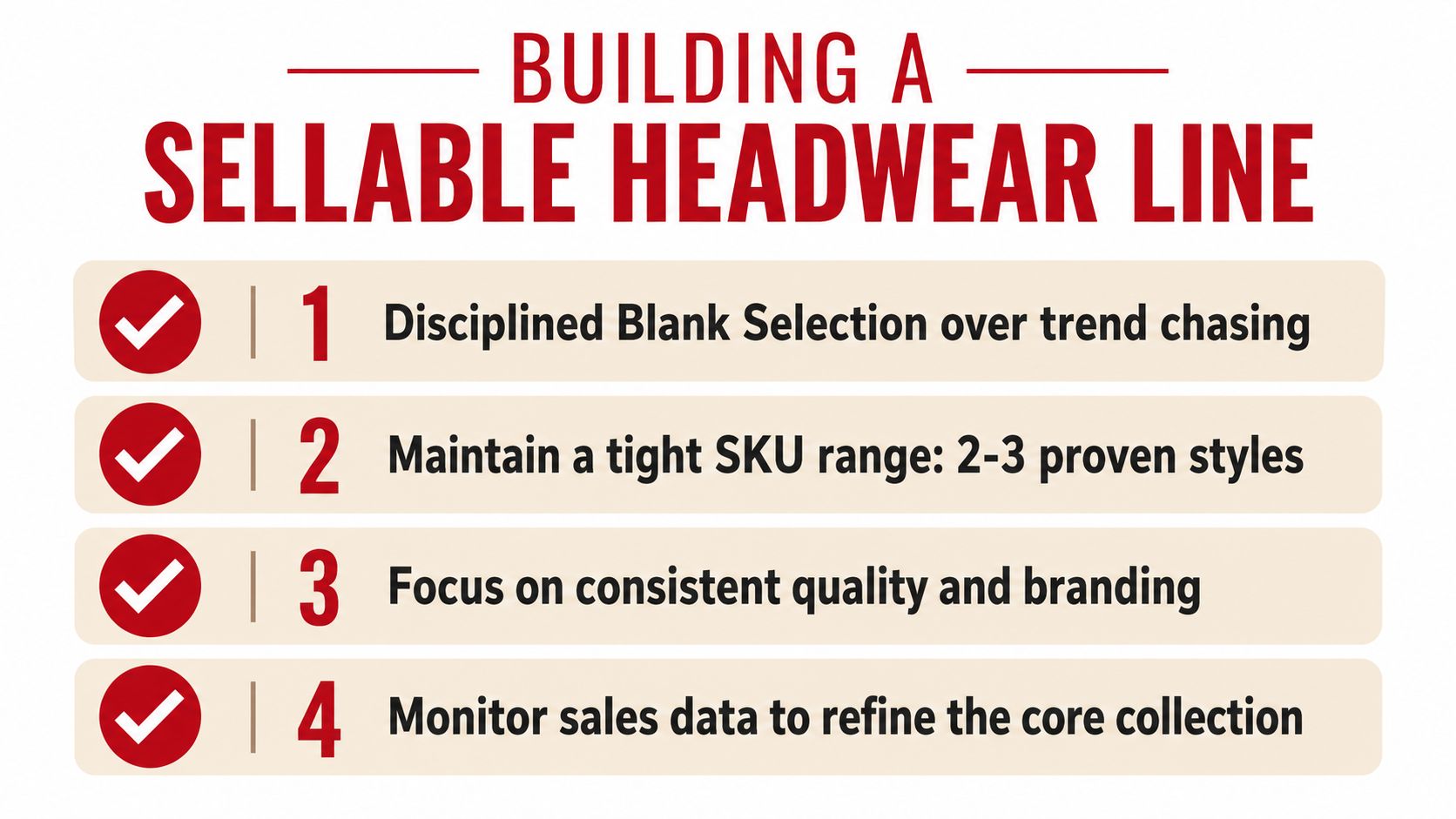 A list of four strategies for building a sellable headwear line using simple, effective design principles.