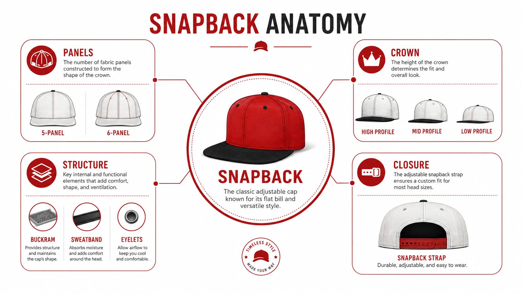 An educational diagram explaining the anatomy of a snapback hat, including panels, structure, crown, and closure features.