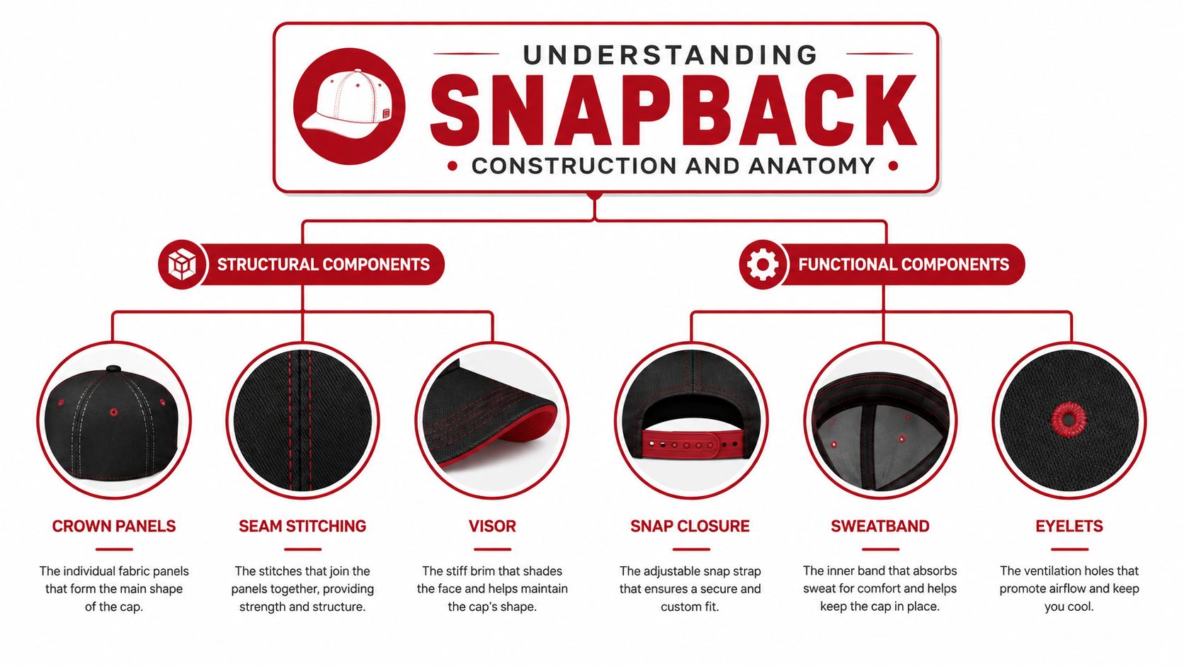 An infographic diagram labeled Understanding Snapback explaining the construction and anatomy of a snapback hat.