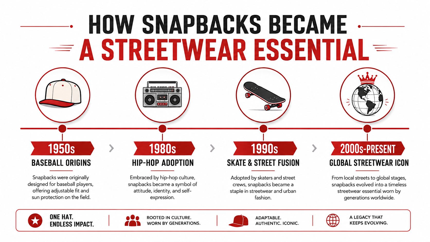 An infographic timeline illustrating the history and evolution of snapback hats as a staple in streetwear fashion.