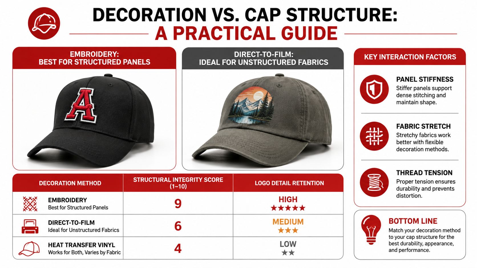 A comparison guide for hat decoration methods like embroidery, direct-to-film, and vinyl against cap structure types.
