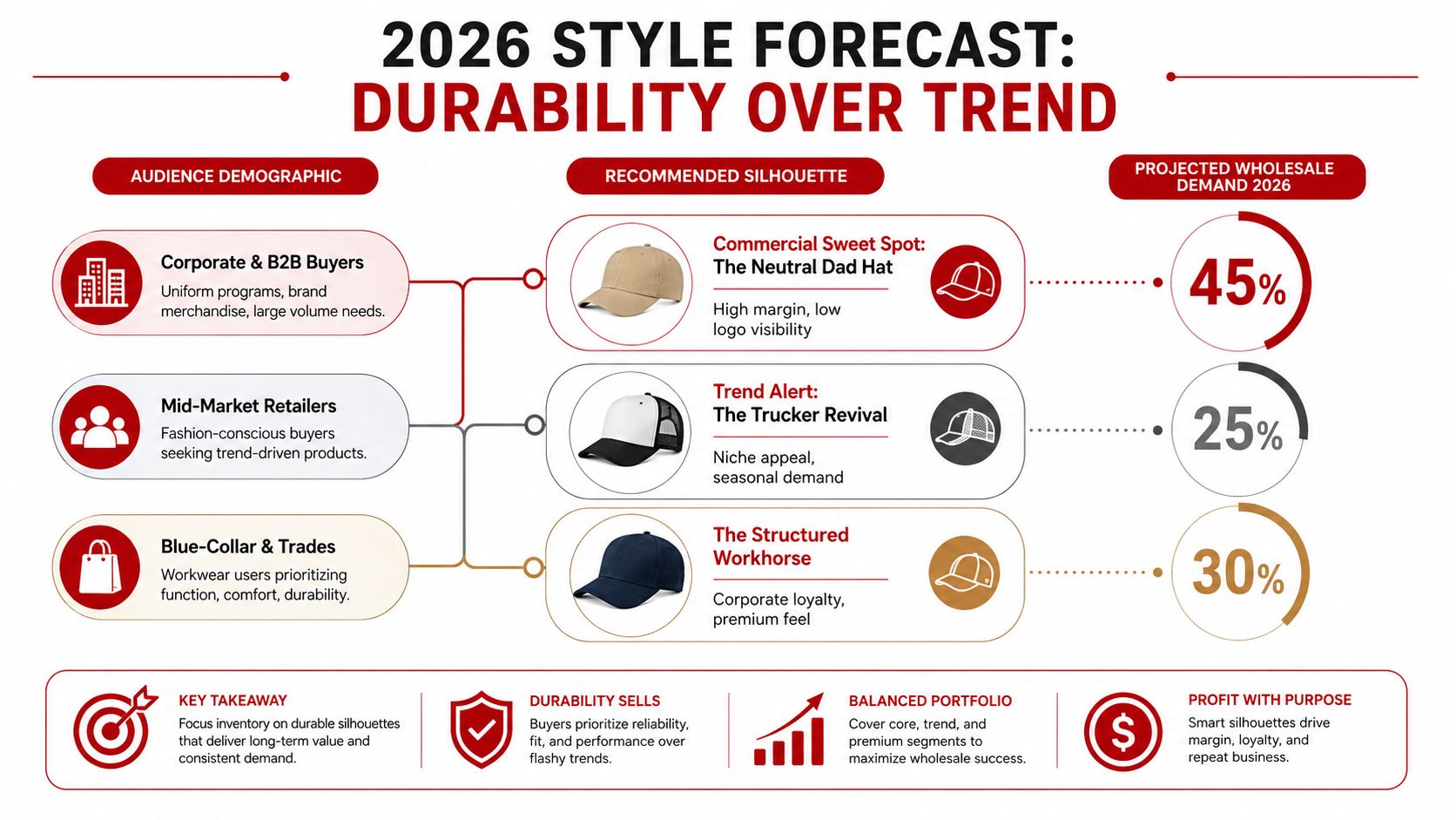 An infographic titled 2026 Style Forecast displaying trends in ball cap styles for different market segments.