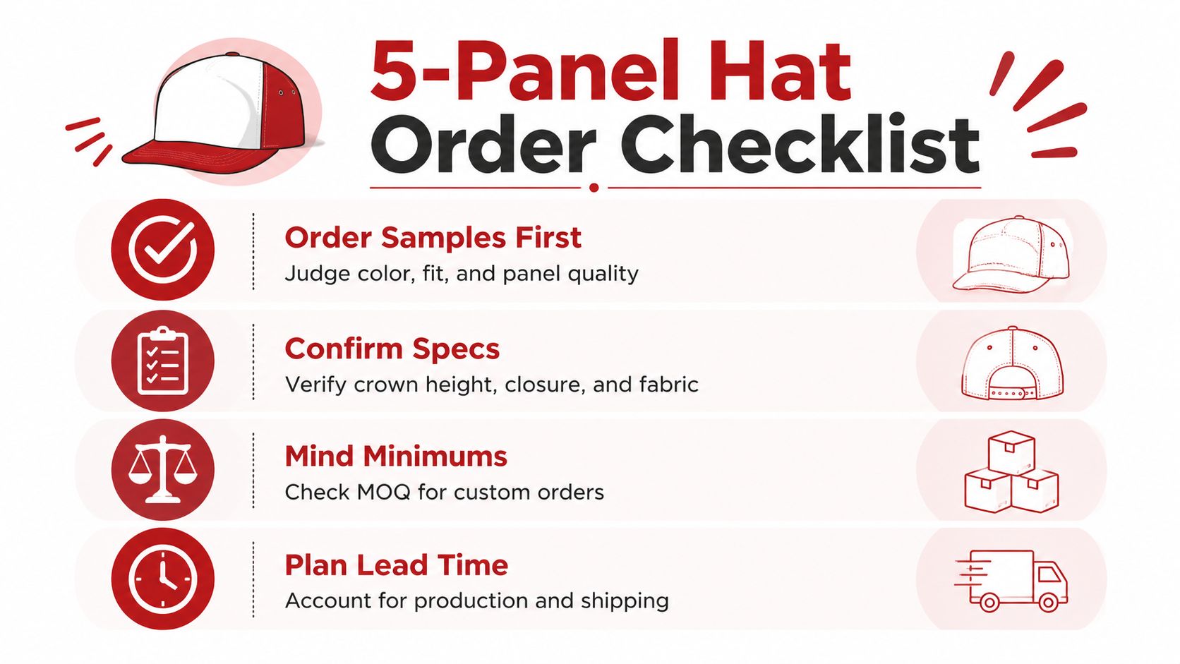 A checklist infographic titled 5-Panel Hat Order Checklist showing four steps for ordering custom hats.