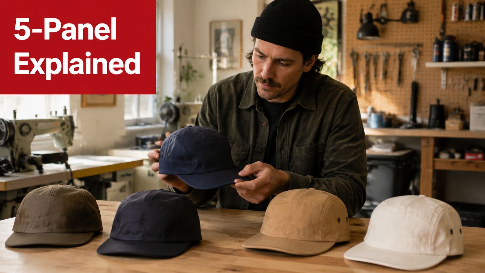 A man inspecting a dark blue five-panel hat at a workbench with several different colored caps.