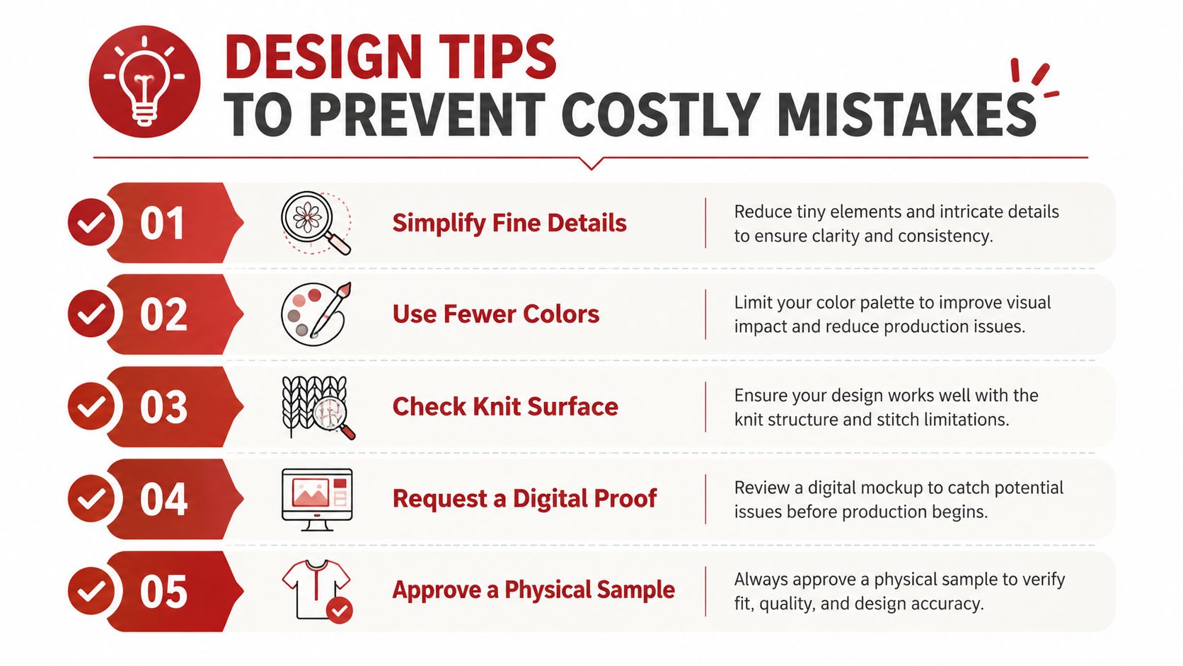 An infographic titled Design Tips to Prevent Costly Mistakes, featuring five essential steps for apparel customization.