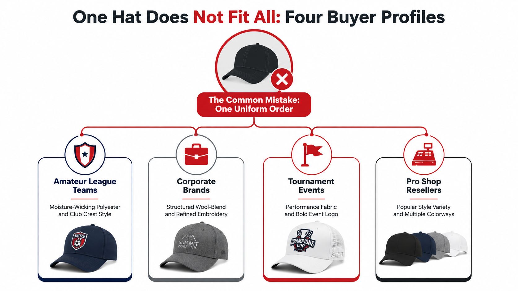 A diagram comparing four different buyer profiles for wholesale hats instead of one uniform order.