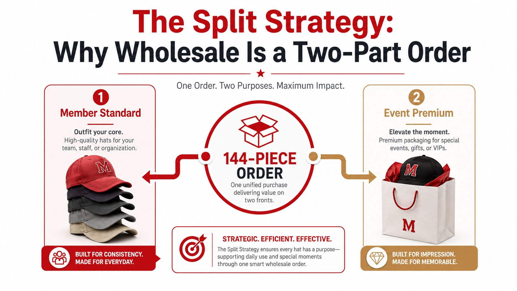 An infographic explaining the Split Strategy for wholesale hat orders, highlighting member standard caps and event premium packaging.