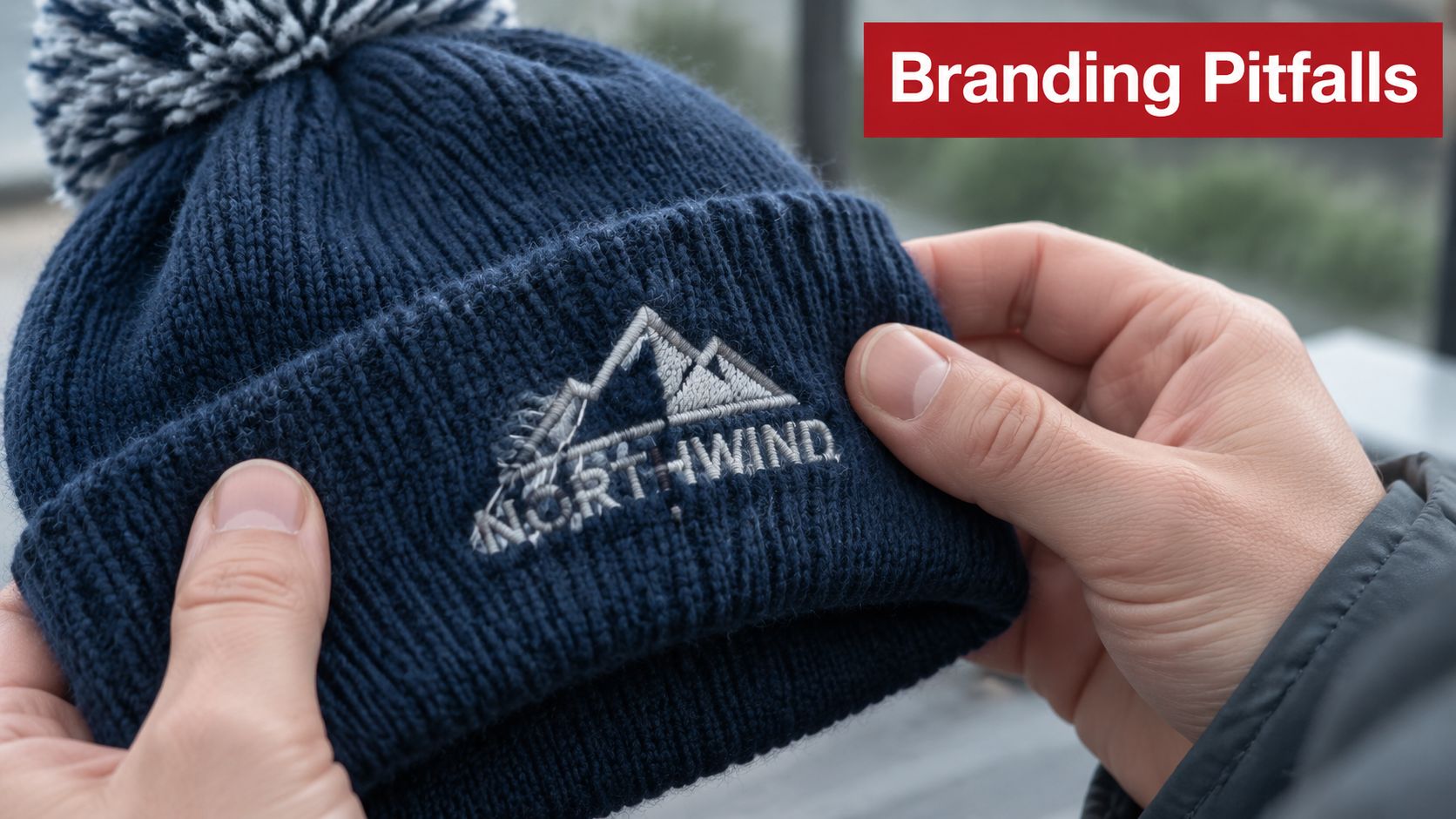 A close-up view of a person holding a navy blue winter beanie with a mountain logo embroidery.