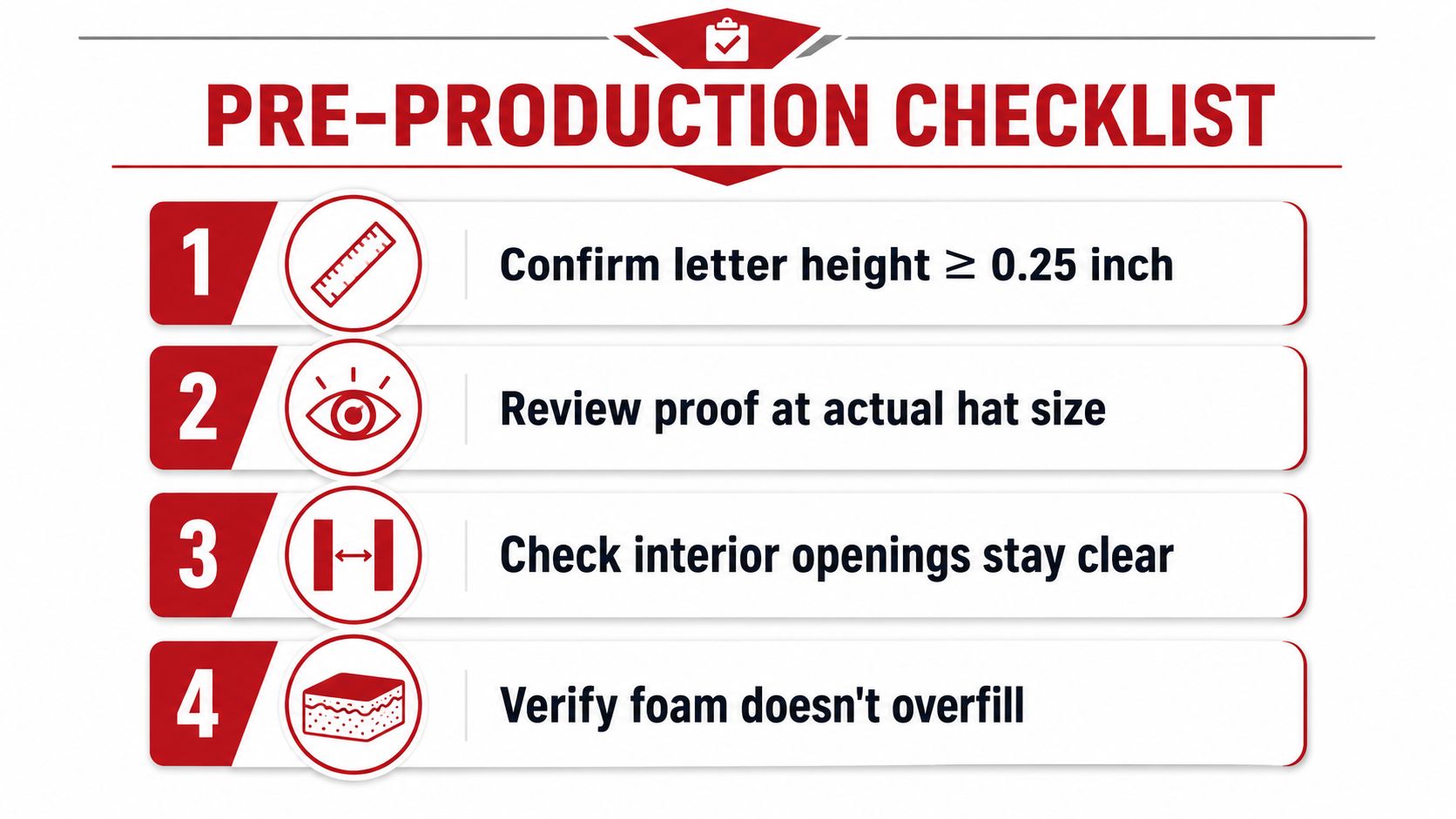 A four-step pre-production checklist graphic for 3d puff embroidery design quality control and verification.