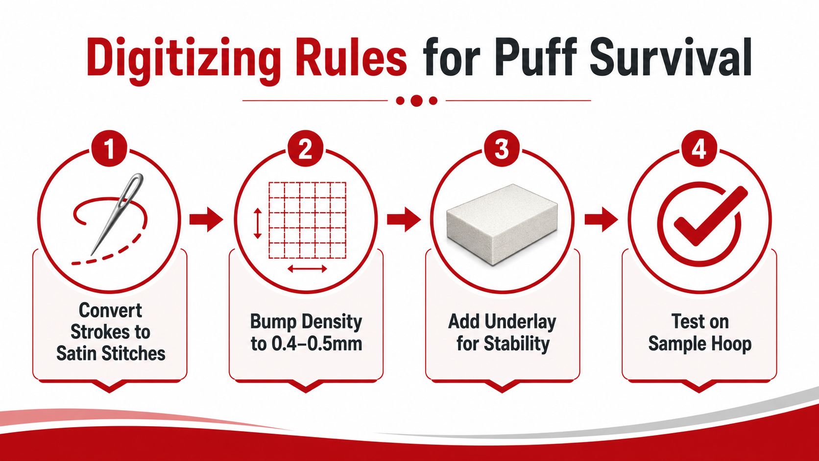 A step-by-step infographic illustrating four rules for digitizing 3D puff embroidery, from satin stitches to testing.