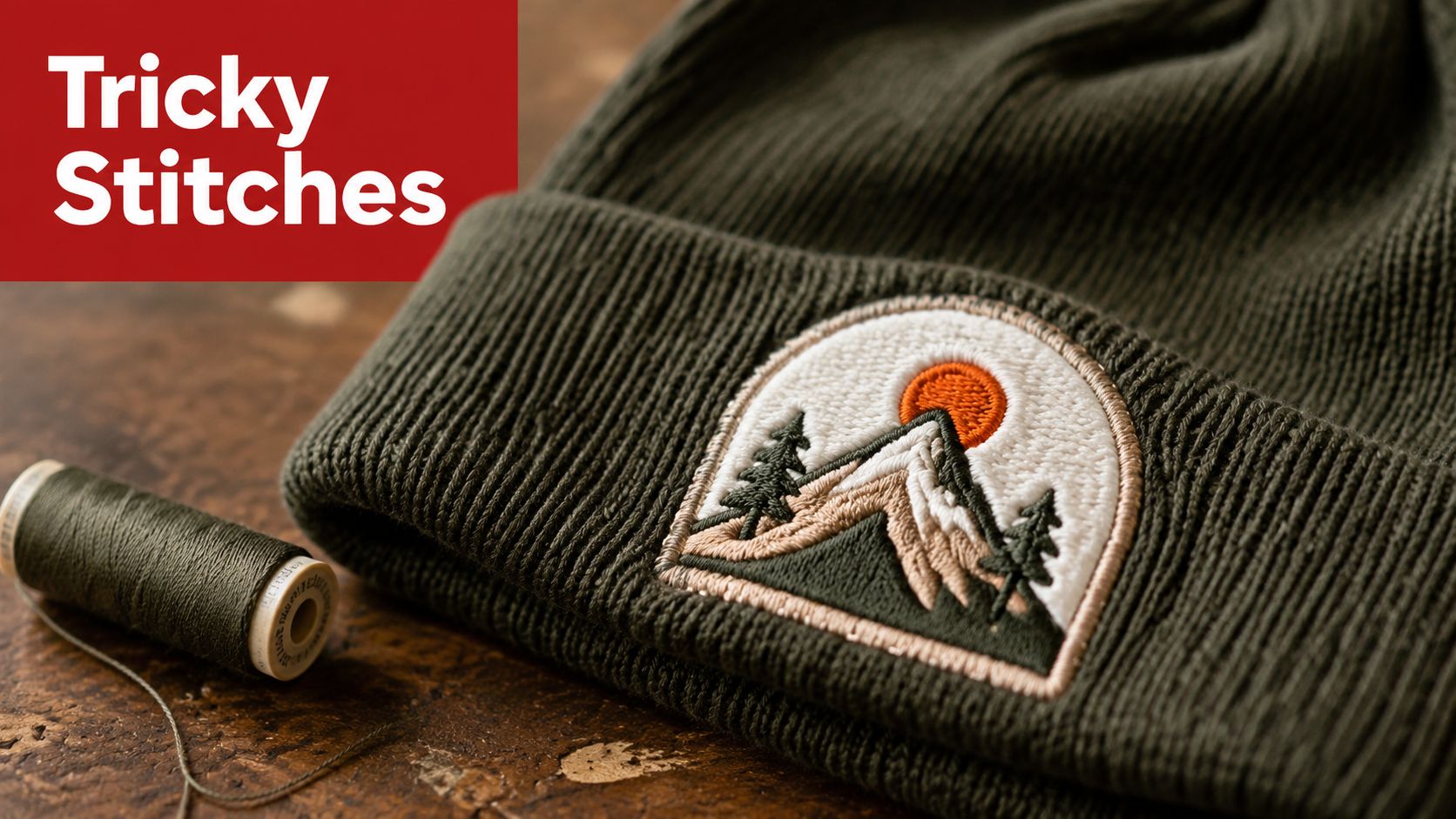 A close-up of a green knitted beanie featuring a landscape patch with mountains, trees, and sun.