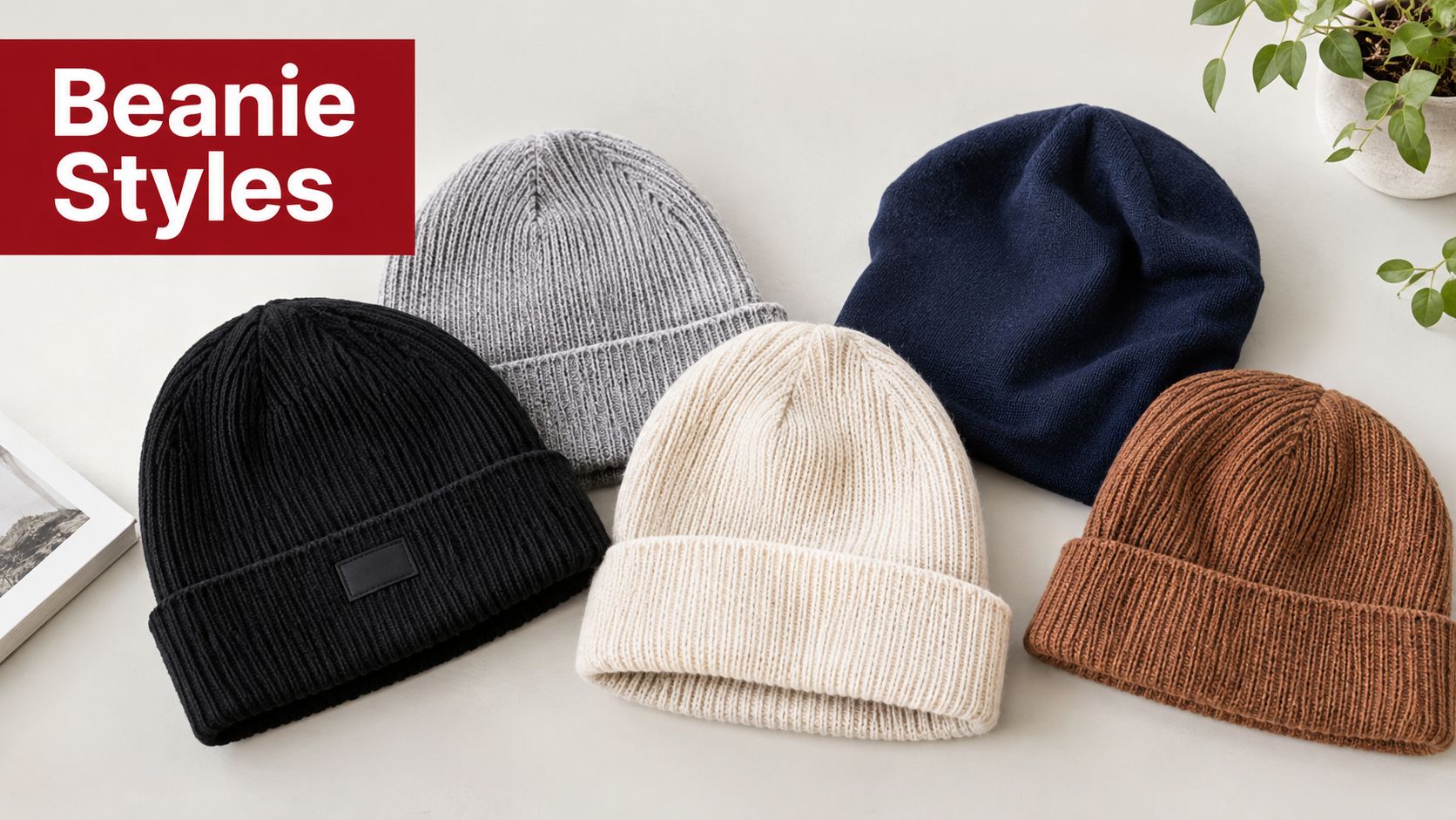 Five different colored knit beanies displayed on a light surface with a small potted plant nearby.